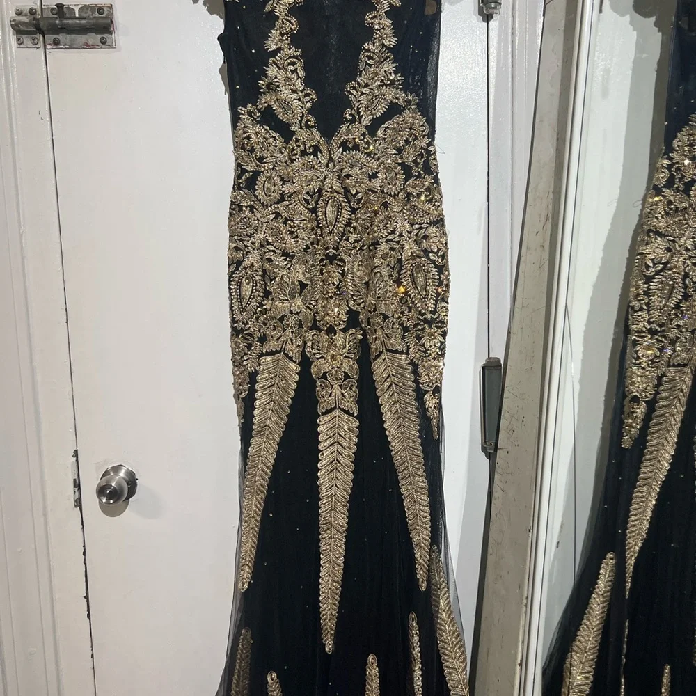 Embellished Black & Gold Evening Gown